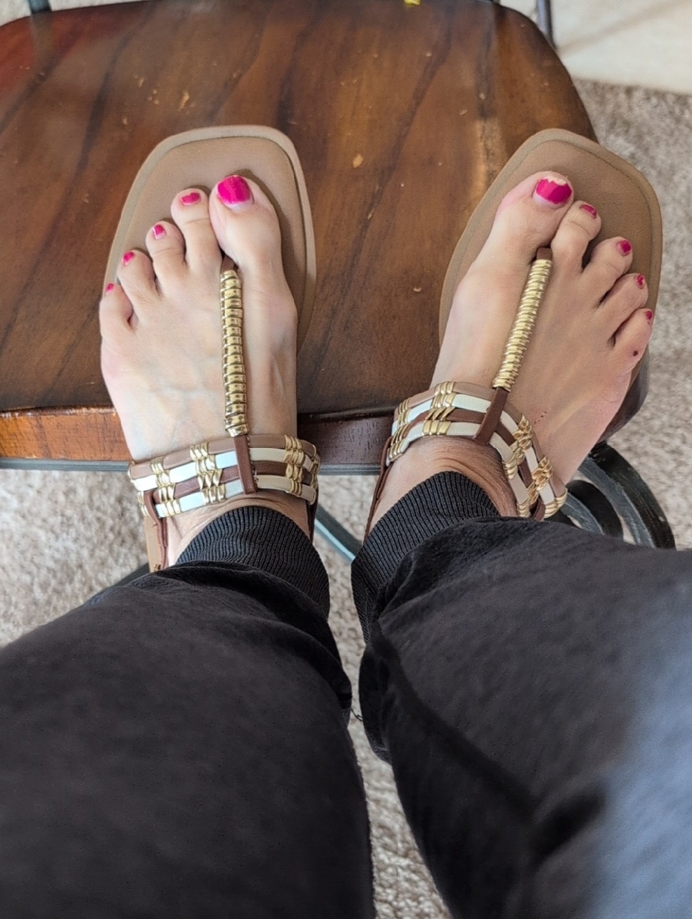 Steve Madden Brown and Gold T-Strap Sandals